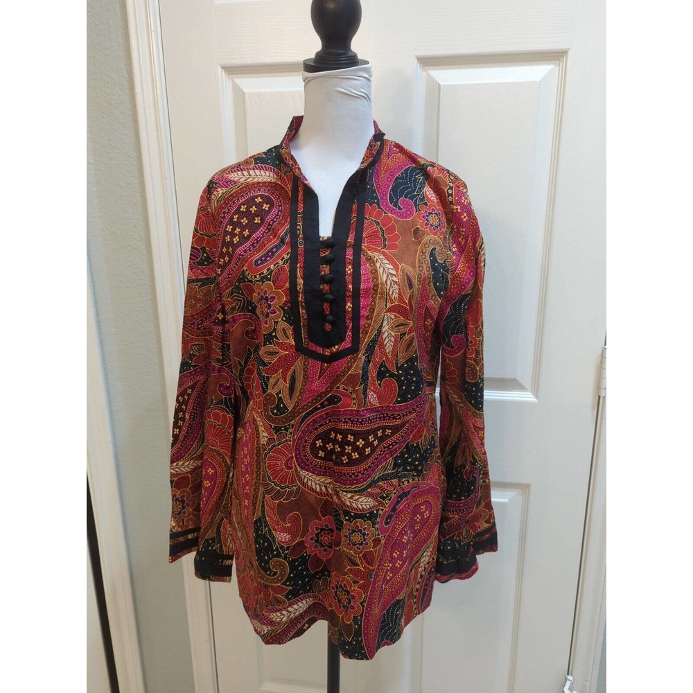 Jones New York Blouse Tunic Asian Mandarin Button long Sleeve Black Trim M